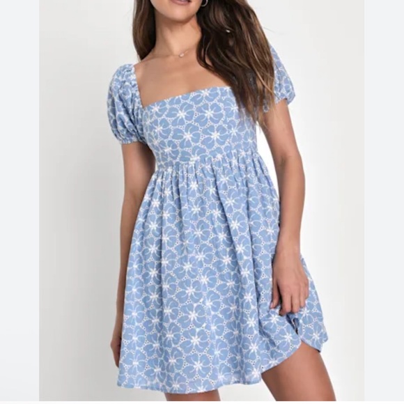 Lulus Dresses & Skirts - Lulus Fit to Frolic Blue Floral Eyelet Puff Sleeve Babydoll Mini Dress Sz Small